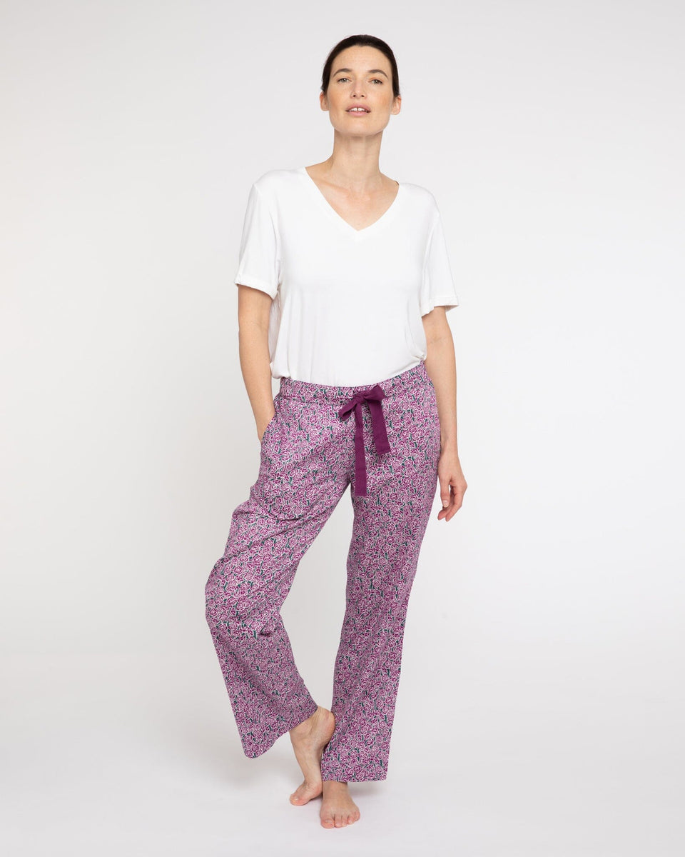 Organic cotton purple pyjama bottoms in wild swimming print