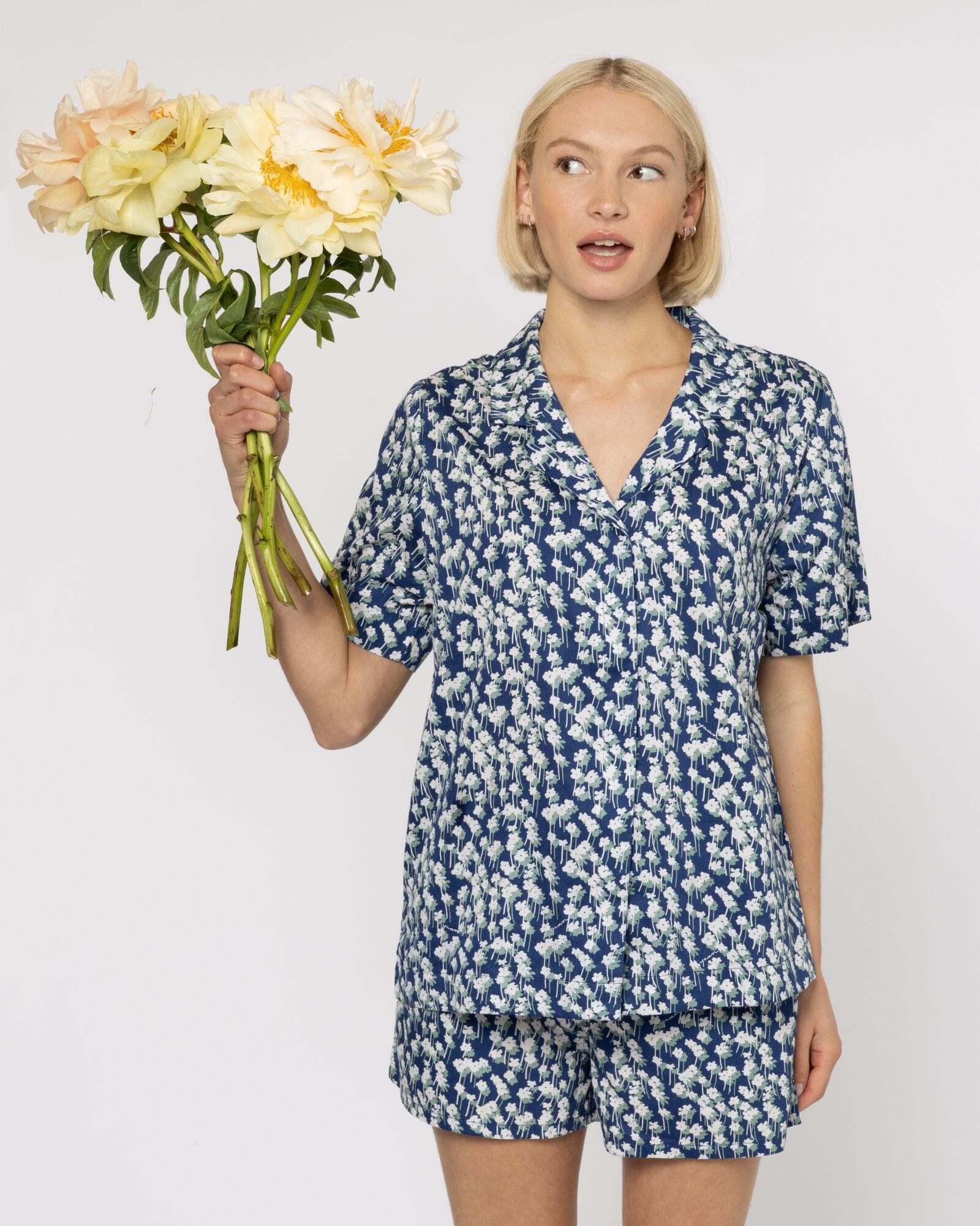 Organic Cotton Navy Short Pyjama Set, Spray of Flowers Shirt & Short Set Yawn 